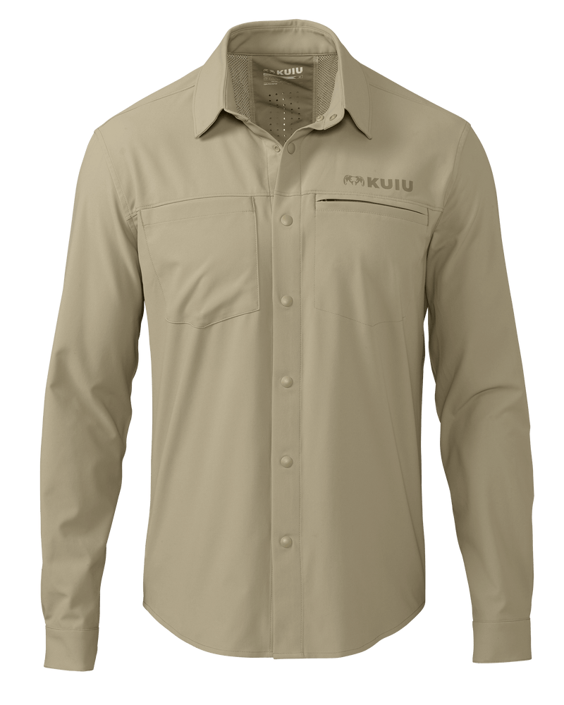 Front of Mesa Vented Long Sleeve Snap Shirt in Bone Tan Color
