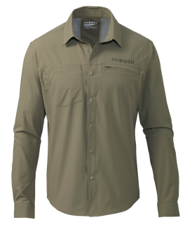 Front of Mesa Vented Long Sleeve Snap Shirt in Khaki Color