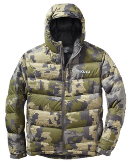 Front of Super Down Pro Hooded Jacket in Verde Camouflage