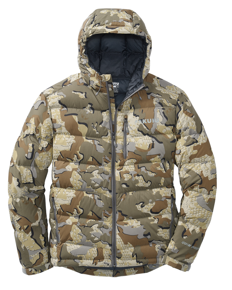 Front of Super Down Pro Hooded Jacket in Valo Camouflage