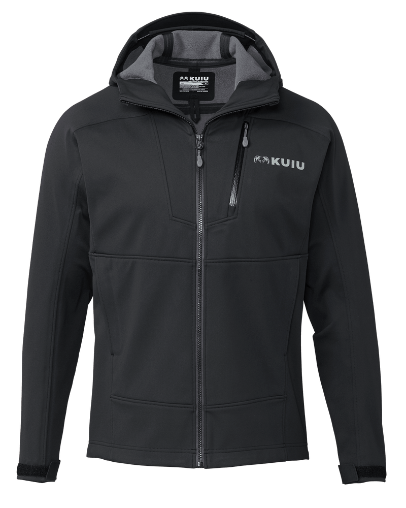 Front of Axis Hybrid Hooded Jacket in Carbon Black Color