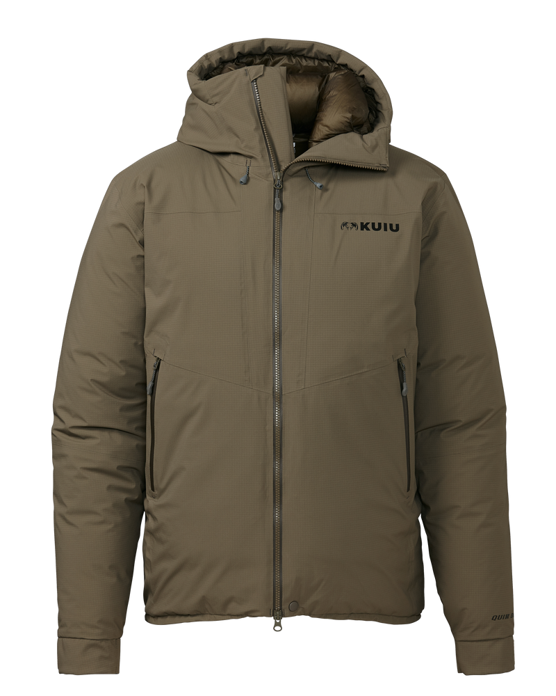 Front of Super Down Burner Parka in Ash Brown Color