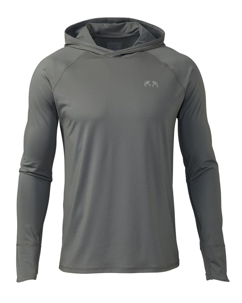 Front of Gila Long Sleeve Hoodie Shirt in Stone Grey